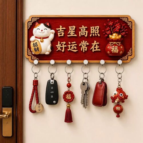 招财猫新中式免打孔自粘钥匙挂钩入户门玄关墙壁欢迎回家喜庆挂架
