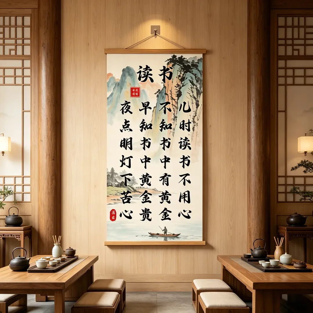 儿时读书不用心励志挂画客厅书背景墙装饰挂图书法书法卷轴字画