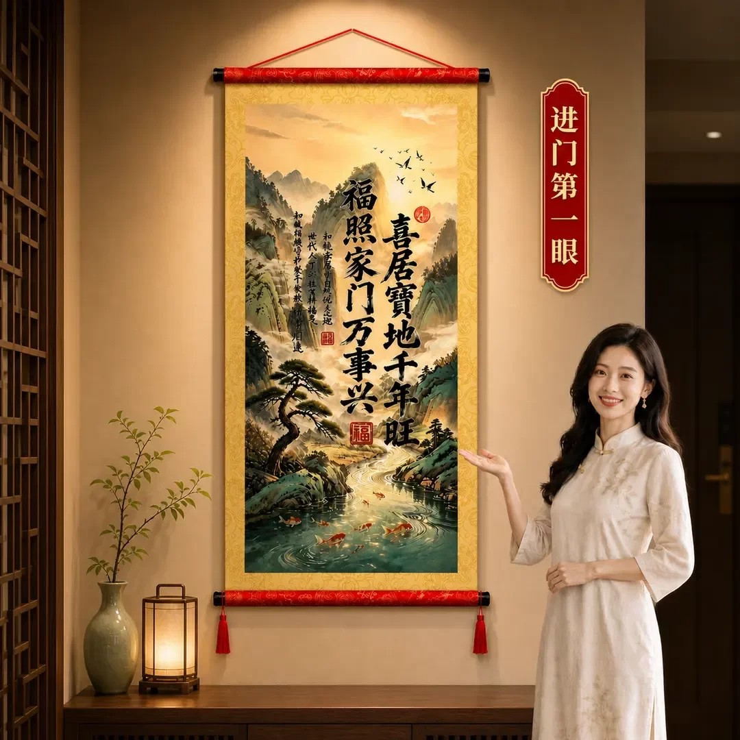 喜居宝地千年旺福照家门万事兴卷轴挂画流苏款背景墙装饰字画挂图