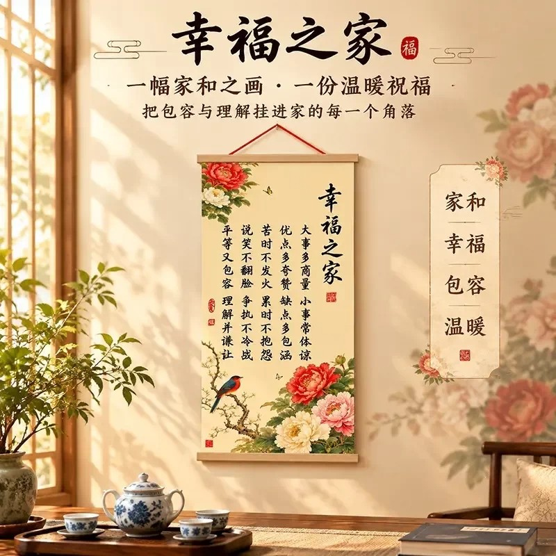 幸福之家家训挂画新中式牡丹花鸟客厅玄关家风卷轴字画家和装饰画