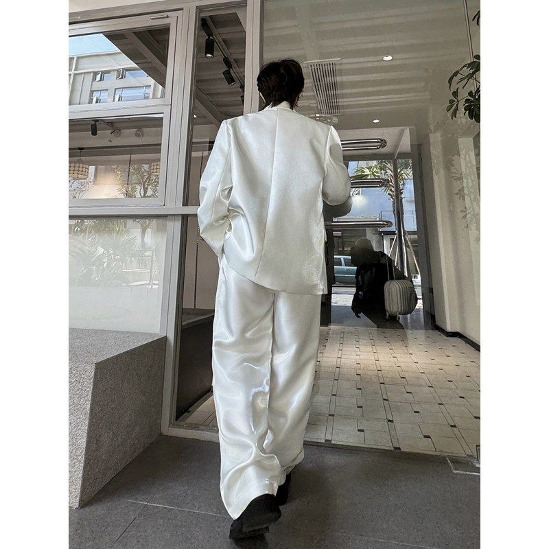 韩国东大门小众白色西服套装男高级感垫肩缎面阔腿长裤两件套时尚
