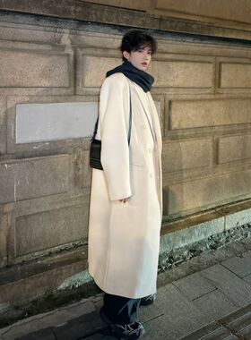 冬装韩国米色毛呢大衣男时尚长款过膝设计感呢料气质风衣加厚外套