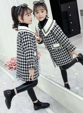 女童秋冬装呢大衣2023新款洋气7中大童风衣8儿童格子毛呢外套12岁