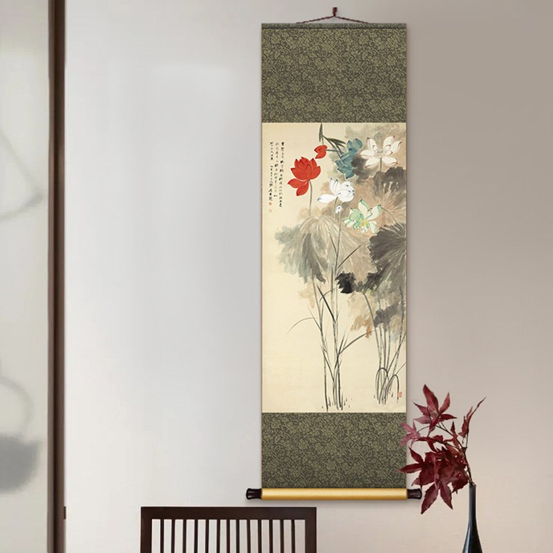 张大千荷花水墨卷轴挂画新中式客厅书房竖版装饰画入户玄关国画