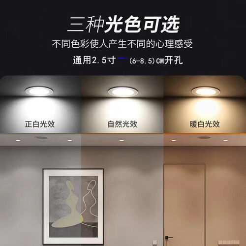 筒灯LED天花灯嵌入式家用客厅7.5/8公分三色变光过道吊顶洞灯射灯