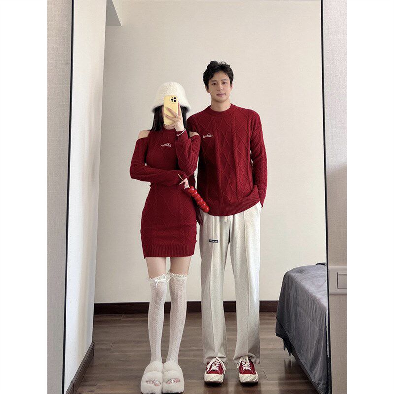 过新年情侣装秋冬喜庆龙年本命年春节红色毛衣男女连衣裙一衣一裙