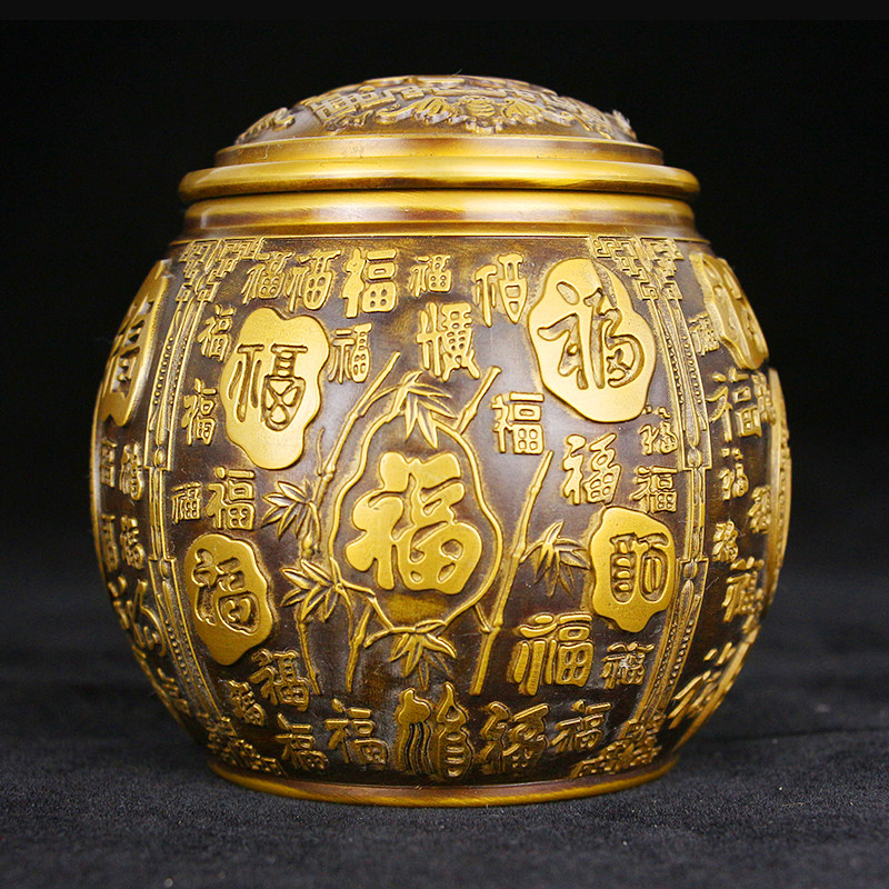 黄铜复古百福缸带盖 客厅卧室摆放装饰品 半手工工艺黄铜茶叶罐与