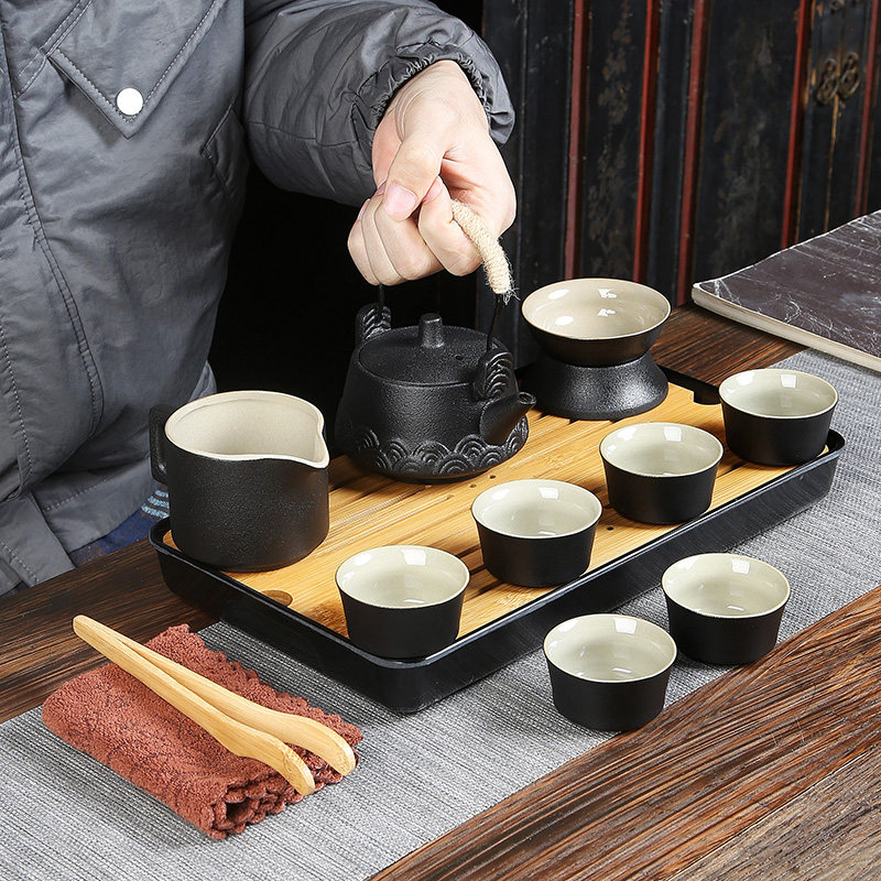 茗峰禅风黑陶功夫茶具套装提梁茶壶盖碗茶杯竹制茶盘中式整套茶具