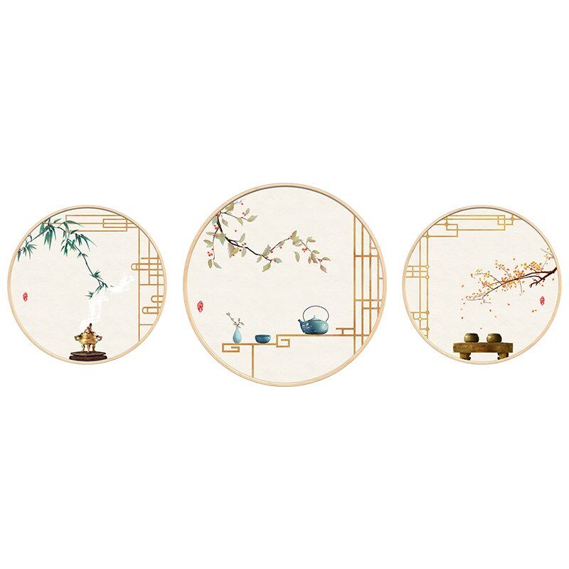 网红新中式餐厅墙面装饰画圆形禅意客厅挂画茶室玄关壁画中国风三