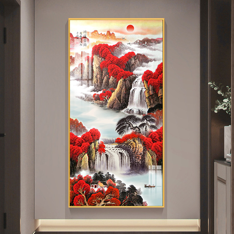 鸿运当头国画山水画入户玄关装饰画旭日东升挂画走廊过道玄幻壁画