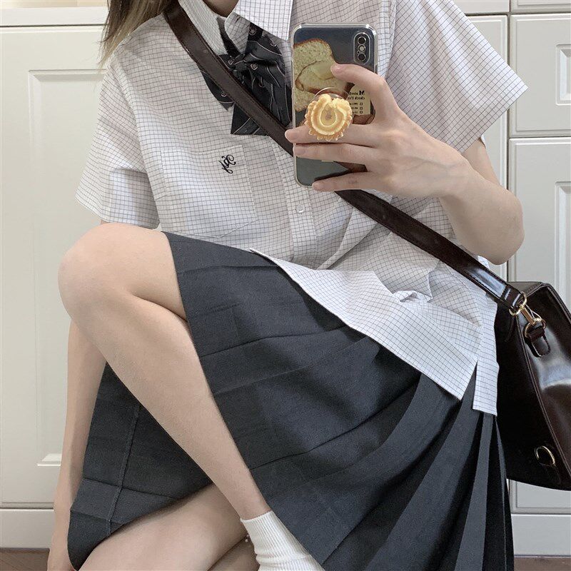 星星抱月球草稿纸jk制服格子白色衬衫女春夏长袖上衣高中生学院风
