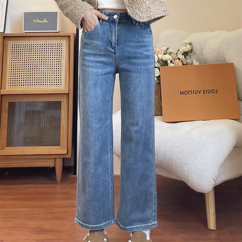 弹力直筒牛仔裤女浅蓝色微胖大码宽松显瘦百搭2024新款九分烟管裤