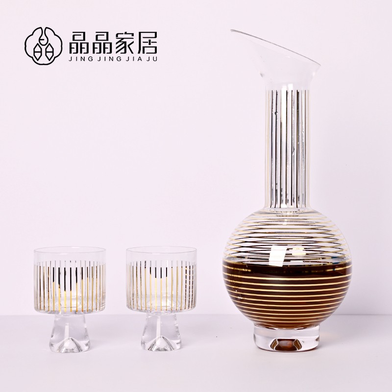 轻奢极简创意透明玻璃酒杯醒酒器金银色条纹酒店餐桌面装饰品摆件