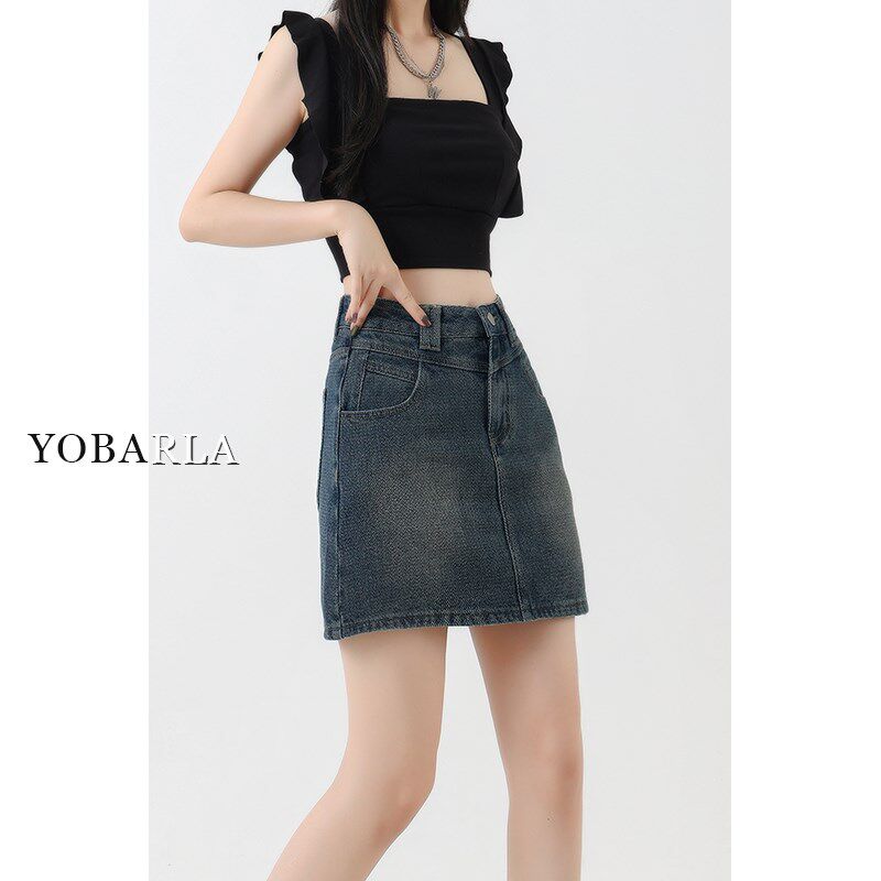 复古高腰牛仔短裙女夏季大码显瘦胖mm遮肚子梨形身材a字半身裙子