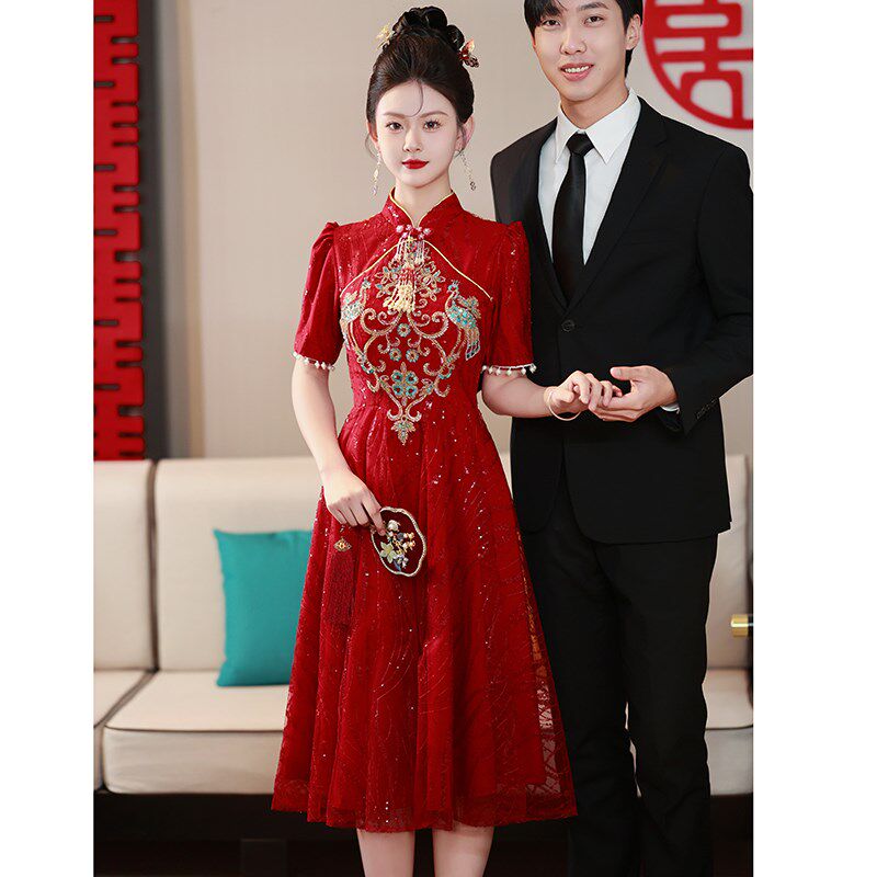酒红色旗袍敬酒服2024新款新娘订婚女结婚回门礼服小个子蕾丝立领