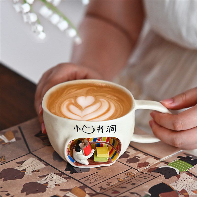 玺闻乐见创意陶瓷咖啡杯可爱猫咪马克杯卡通手工拉花杯喝水杯礼物