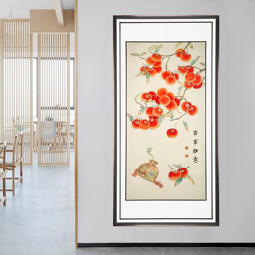 入户正对门玄关装饰画铜雕画花开富贵牡丹图铜板客厅挂画走廊竖版