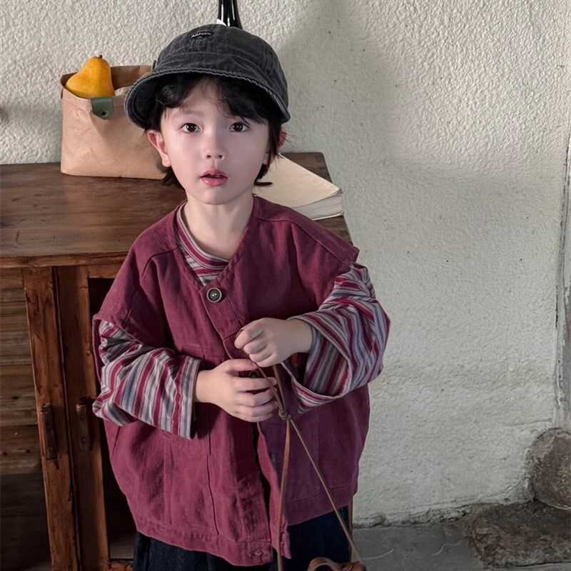 暮晨家新款秋装2024男童做旧工装口袋马甲中小童复古港风背心外套