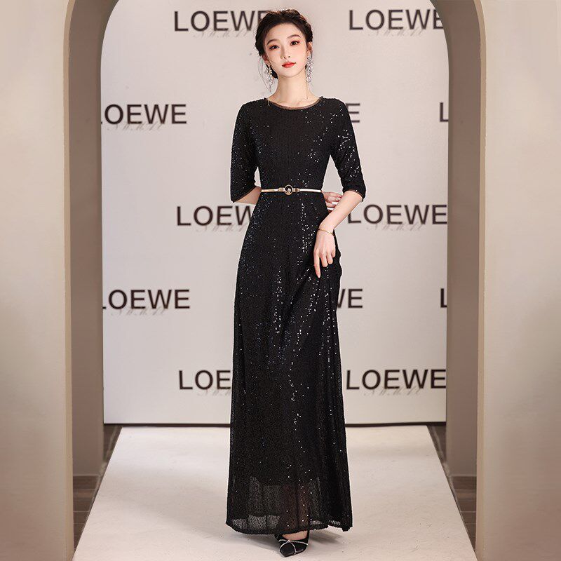 黑色大合唱团演出女主持指挥服钢琴演奏艺考表演成人晚礼服装长裙