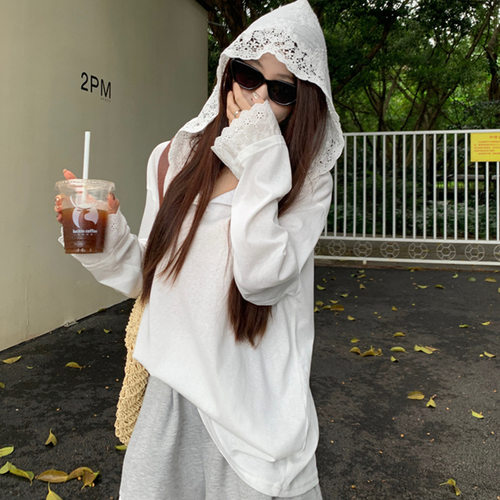 春秋法式上衣钩花蕾丝拼接连帽T恤女休闲宽松显瘦百搭
