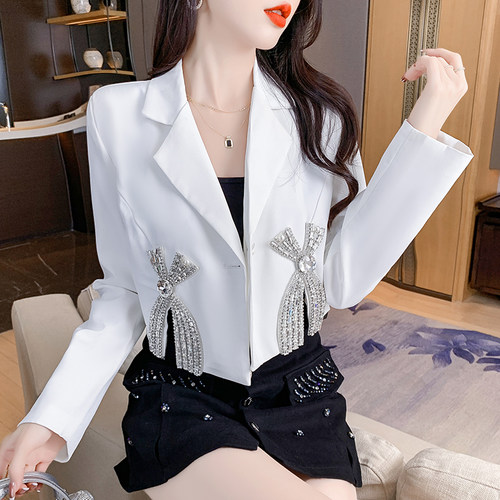 2026春装长袖重工镶钻设计感翻领西装外套新款百搭小众女装新款