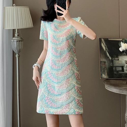 法式欧根纱刺绣浪漫短袖连衣裙女26夏装新款时尚气质收腰显瘦裙子