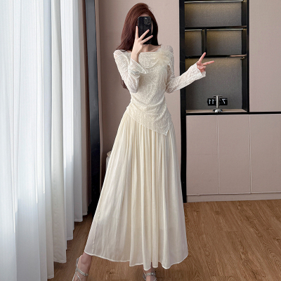 春夏季纯欲风氛围感套装女大码胖MM温柔系方领提花蕾丝衫半身裙