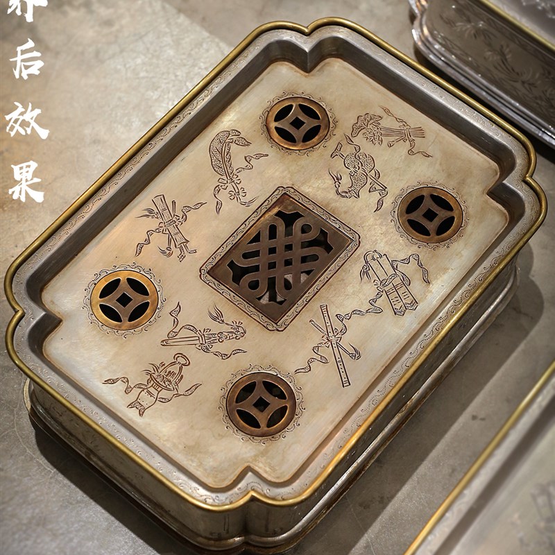 潮阳颜吉利 手工锡大号茶盘 老潮汕工夫茶船 雕刻包铜边颜氏锡