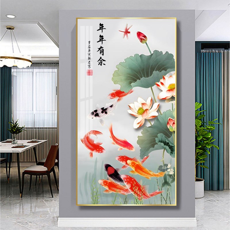 中式客厅走廊过道玄关装饰画竖版单幅挂画荷花九鱼图招财壁画灯画
