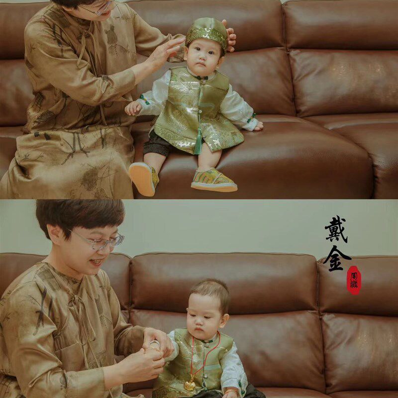一周岁生日宴礼服男宝中式气质小众绿色男孩抓周衣服唐装冠衣春夏