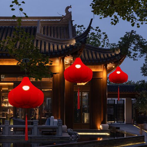 新中式中国风吊灯餐厅酒店灯笼茶楼过道布艺吊灯东方红色装饰灯笼