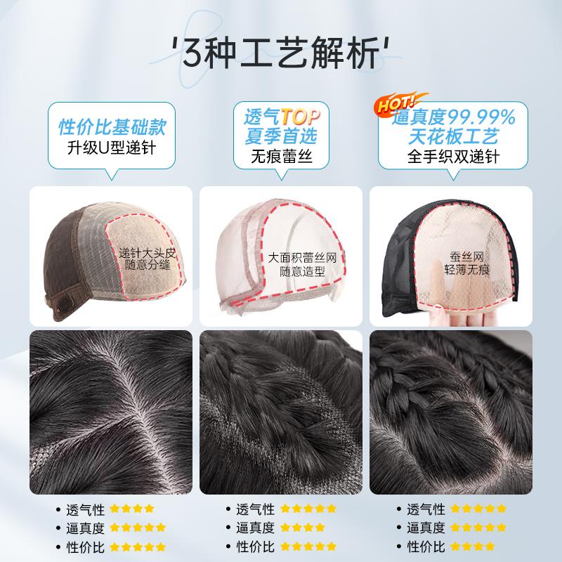 假发女中长发真发全真人发蕾丝手织递针锁骨发可扎光头假发套