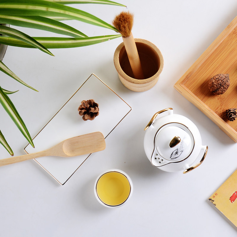 中式一人一壶一杯骨瓷茶具套组功夫茶具独饮描金陶瓷茶壶茶杯泡茶