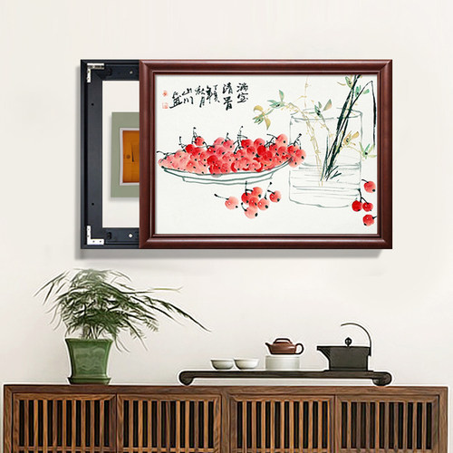 免打孔推拉电表箱装饰画中式家用新中式风格电闸挂画配电箱遮挡盒