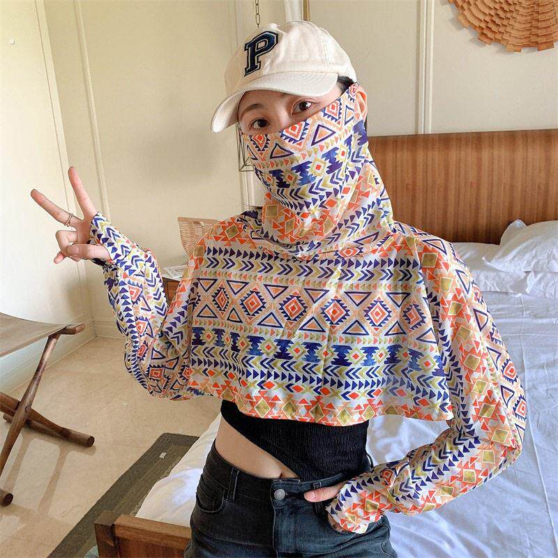 防晒披肩女夏季开车披风长袖骑车面罩冰丝遮脸一体短款防晒衣