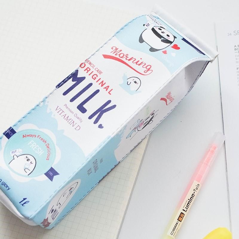 萍萃文具创意卡通可爱牛奶盒长笔袋PU大容量学生文具盒女简约铅笔
