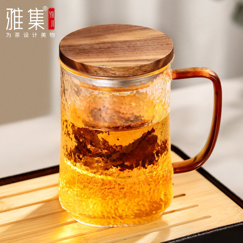 雅集玉琮杯锤纹泡茶杯茶水分离玻璃杯办公室喝茶杯子个人木盖杯子