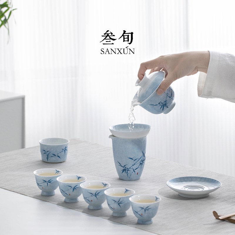 叁旬手绘青花竹影盖碗茶杯功夫茶具套装整套家用高档陶瓷套组礼盒