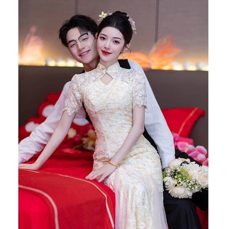 订婚旗袍女夏季2025新款香槟色敬酒服新娘新中式高级感鱼尾礼服裙