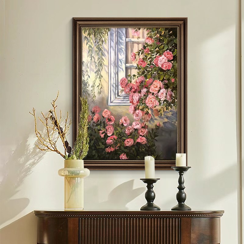 美式花卉玄关挂画欧式客厅装饰画法式餐饭厅走廊壁画高级感油画