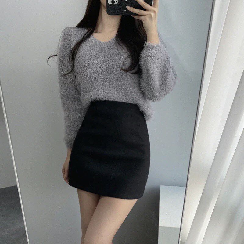 灰色毛呢半身裙女2024秋冬新款高腰显瘦包臀裙呢子一步裙紧身短裙