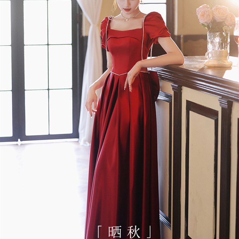 敬酒服新娘红色缎面在逃公主小个子订婚礼服裙合唱艺考成人礼女夏