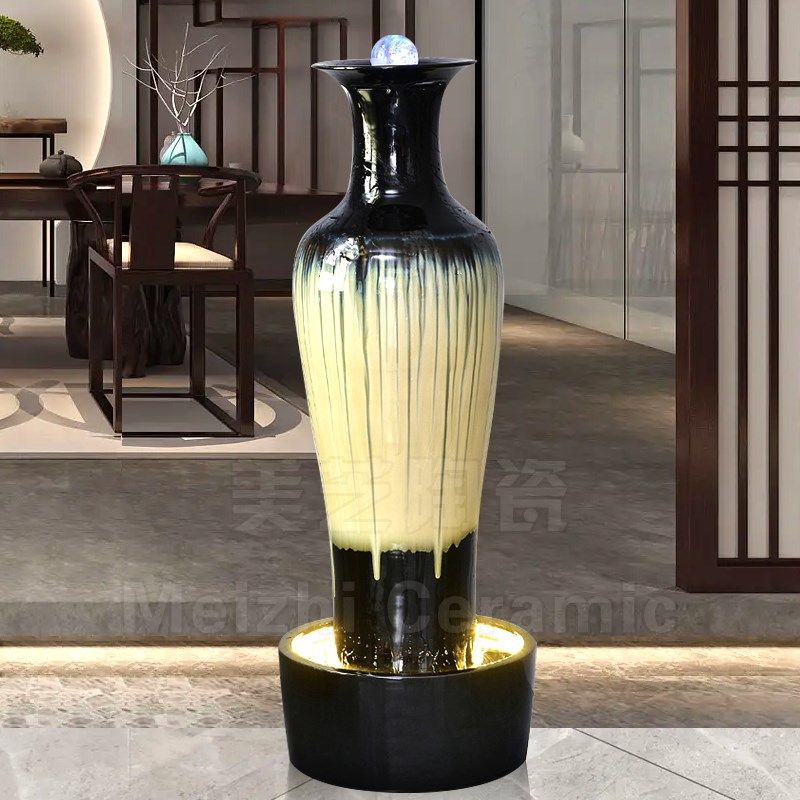 别墅客厅青花瓷流水摆件陶瓷花瓶加湿器循环水景观陶罐带灯喷泉缸