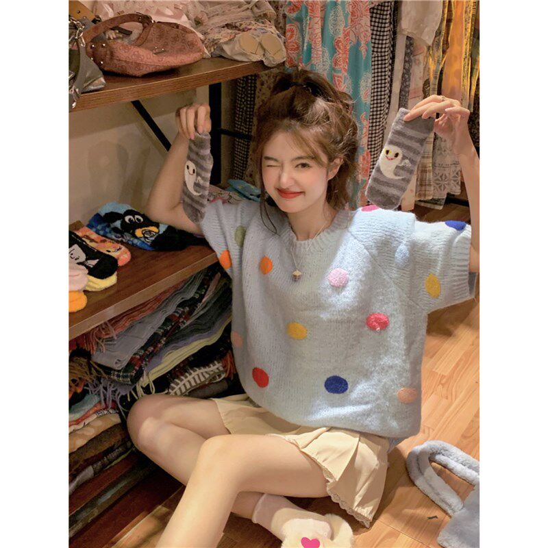 范雯雯 多彩波点 粉色圆领立体波点毛衣女冬季温柔可爱短袖上衣