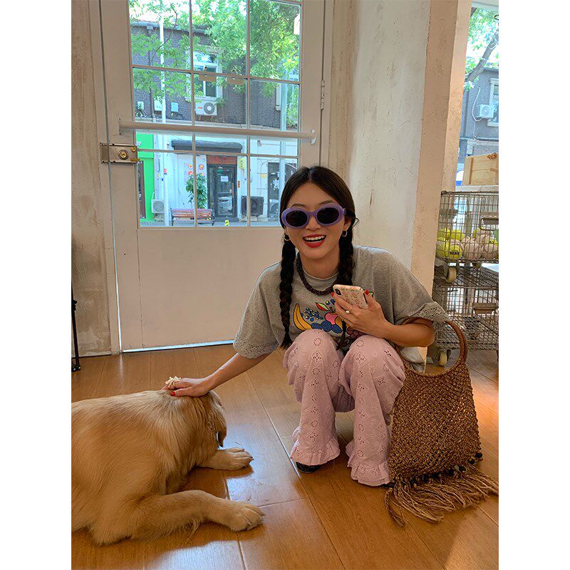 落落狷介 蕾丝裤子女2024新款夏季薄款高腰镂空花边阔腿裤小个子