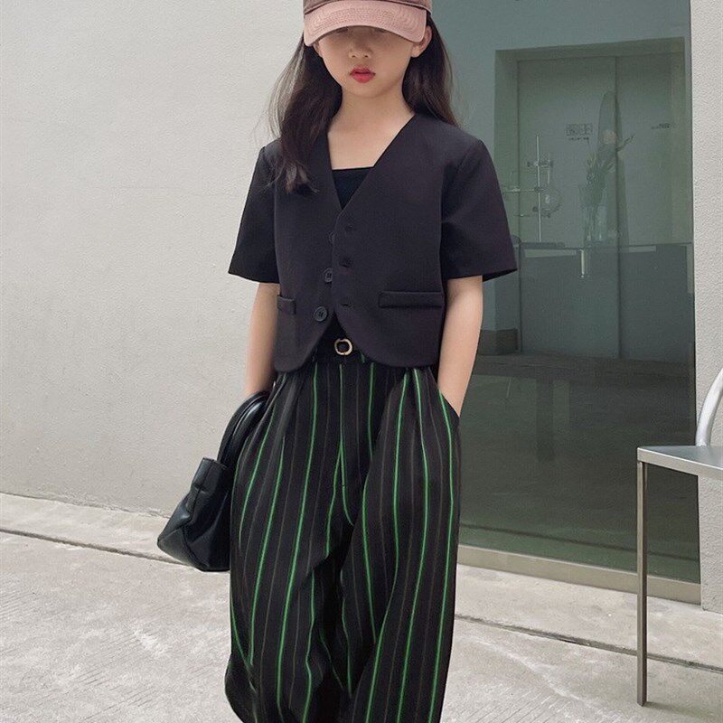 豆丁韩国黑色短袖西装外套女童夏季薄款2023新款短款V领西服上衣