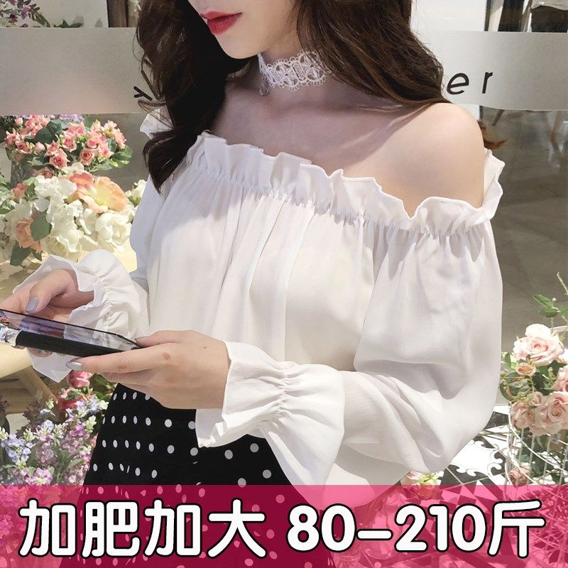 大码一字肩上衣女夏法式锁骨雪纺衫长袖小衫露肩荷叶边胖mm200斤