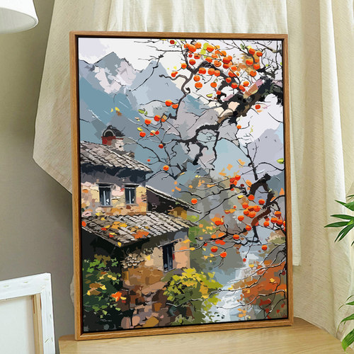 秋日静谧山村数字油画diy填充手工填色油彩画心理减压客厅装饰画