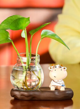 工位公室桌面小摆设水培绿萝花瓶摆件创意办插花空盆玻璃透明容器