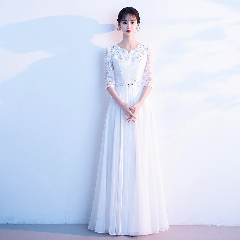 合唱演出服女长裙2025新款成人红歌朗诵大合唱团表演比赛白色礼服